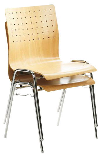 Stapelstuhl aus Holz mit Metallbeinen, seitliche Perspektive