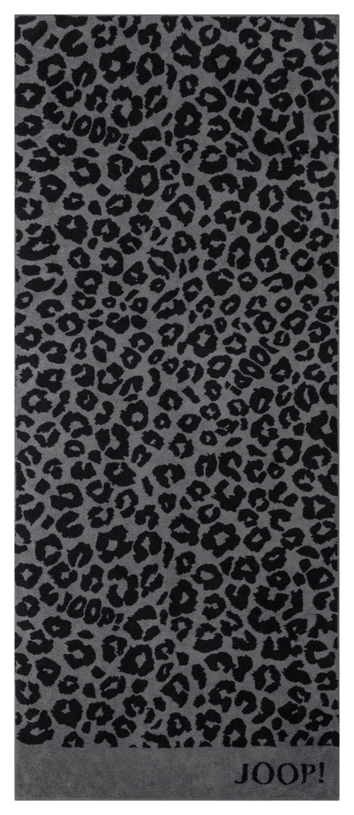 Graues Saunatuch mit schwarzem Leopardenmuster, Draufsicht