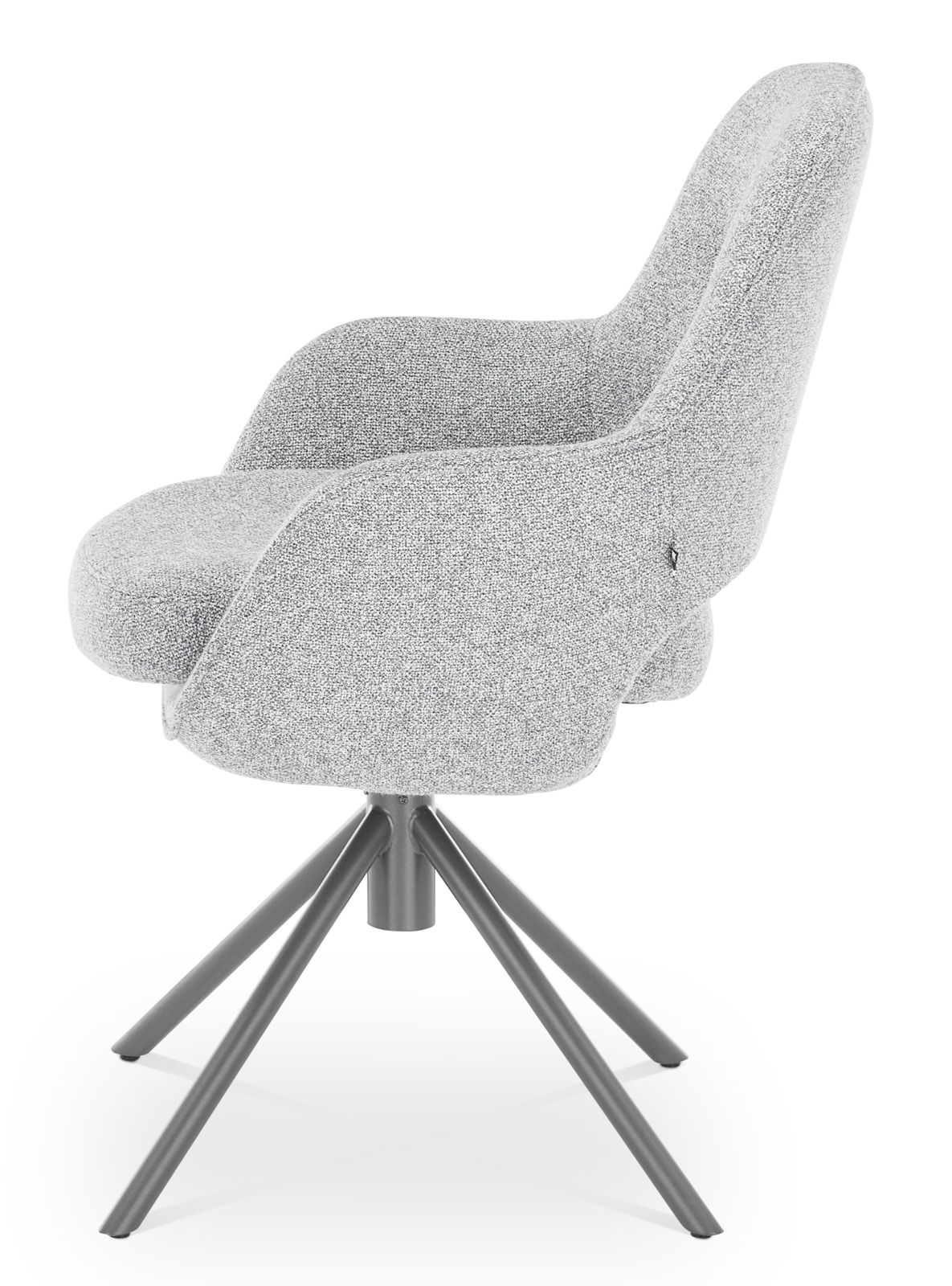 Grauer Armlehnstuhl mit Stoffbezug und Metallbeinen, seitliche Perspektive