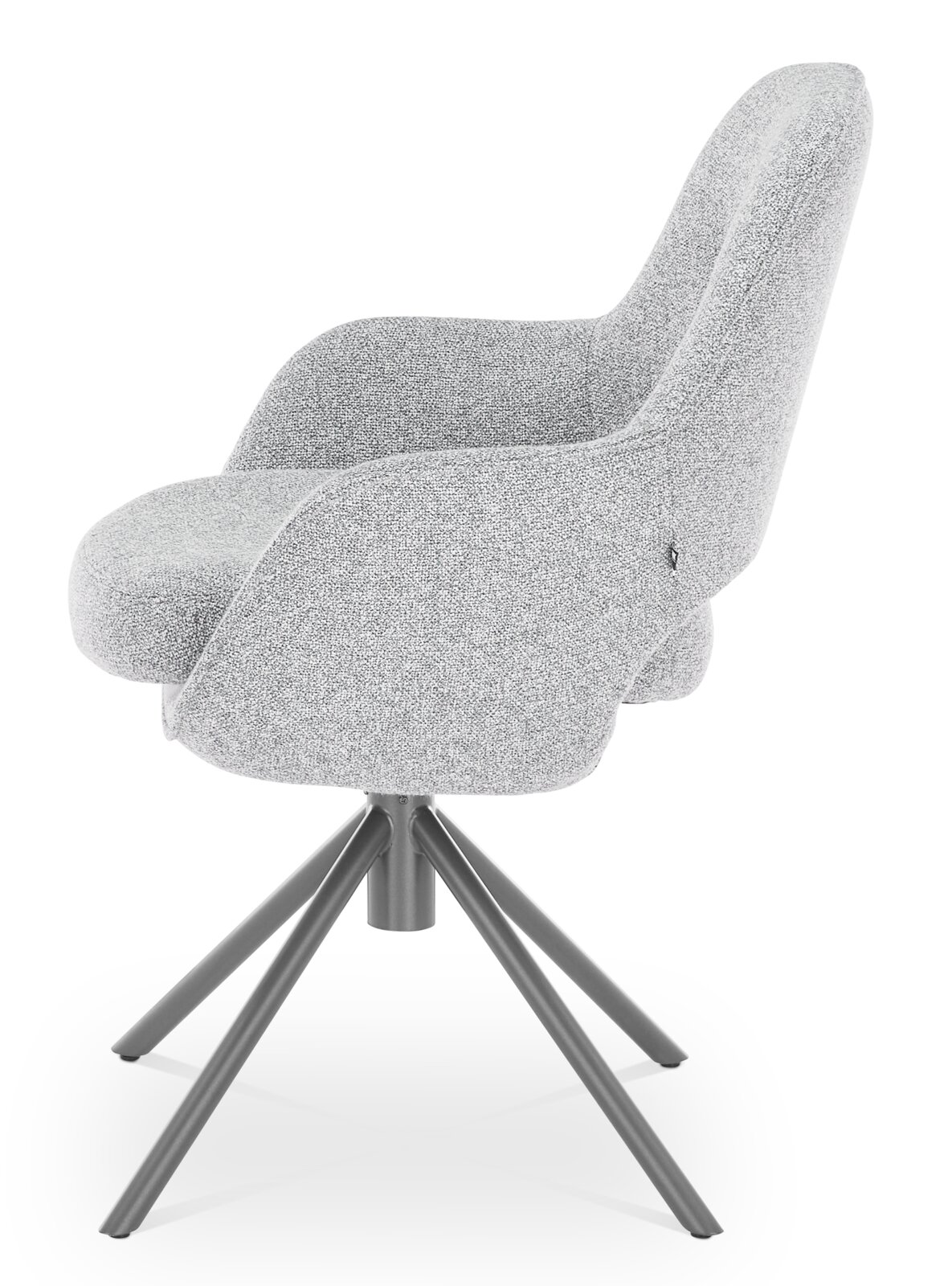 Grauer Armlehnstuhl mit Stoffbezug und Metallbeinen, seitliche Perspektive