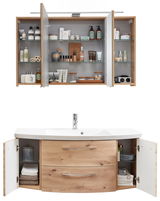 Badezimmerkombination aus Holz mit Spiegelschrank und Waschbeckenunterschrank, frontal fotografiert