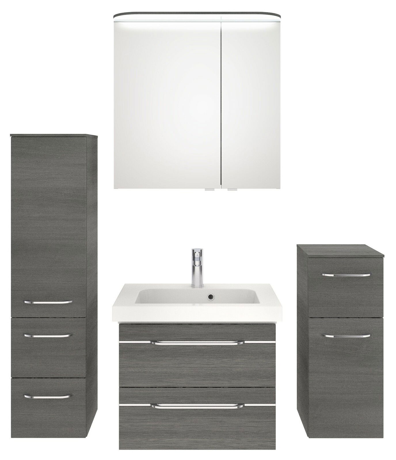 Pelipal Badblok BALTO SPRINT Badezimmermöbel-Set in grauer Holzoptik, bestehend aus einem Spiegelschrank, einem Waschbeckenunterschrank mit integriertem Waschbecken und zwei Hochschränken, frontal abgebildet.