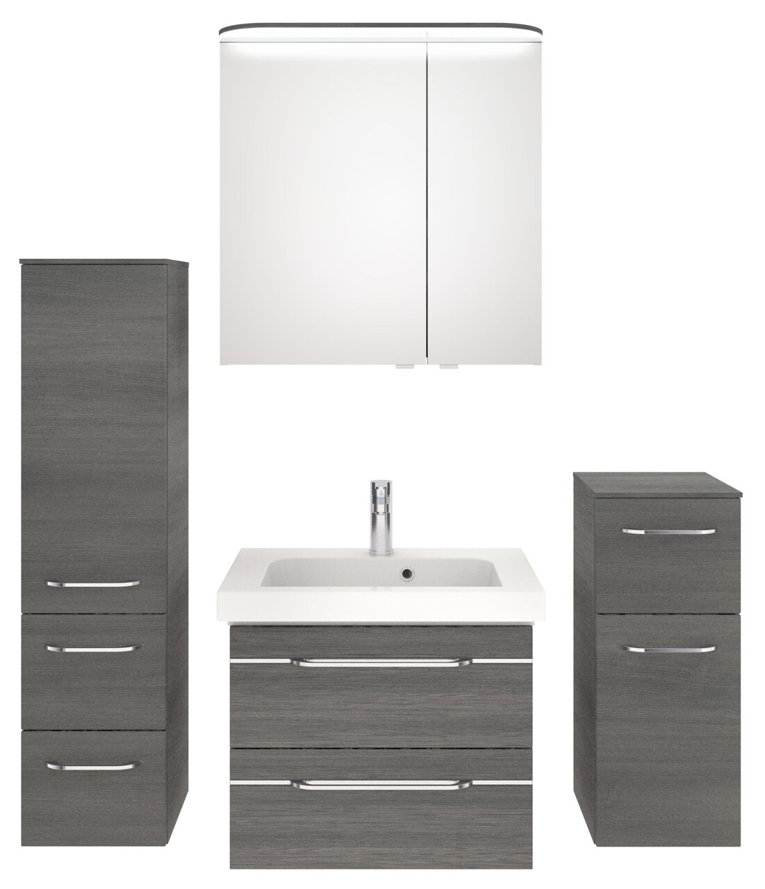 Pelipal Badblock BALTO SPRINT Badezimmermöbel-Set in grauer Holzoptik, bestehend aus einem Spiegelschrank, einem Waschbeckenunterschrank mit integriertem Waschbecken und zwei Hochschränken, frontal abgebildet.