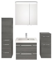 Badezimmermöbel-Set in grauer Holzoptik, bestehend aus einem Spiegelschrank, einem Waschbeckenunterschrank mit integriertem Waschbecken und zwei Hochschränken, frontal abgebildet.