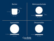 Diagramm eines 16-teiligen Kombiservice in Eisblau mit Becher, Mehrzweckschale, Speiseteller und Dessertteller, seitliche Ansicht.