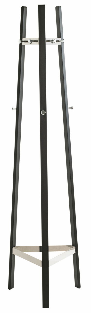 Moderner Garderobenständer aus dunklem Holz mit Metallhaken, frontal abgebildet.