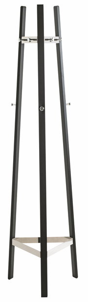 Moderner Garderobenständer aus dunklem Holz mit Metallhaken, frontal abgebildet.