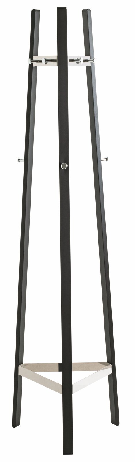 Moderner Garderobenständer aus dunklem Holz mit Metallhaken, frontal abgebildet.