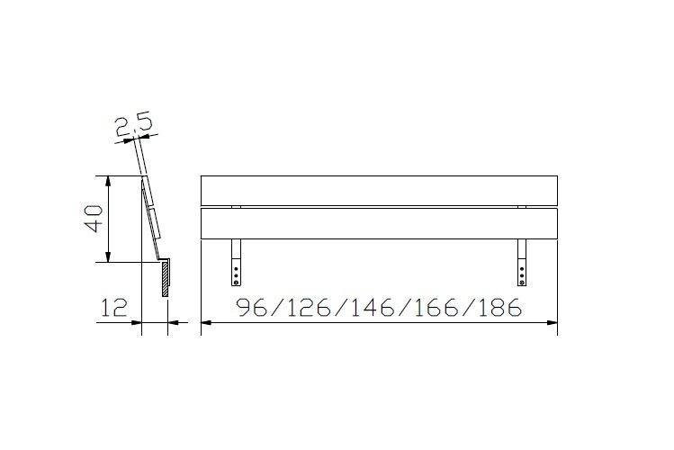 Technische Zeichnung eines Kopfteils aus Holz und Metall, seitliche und frontale Ansicht mit Maßangaben.