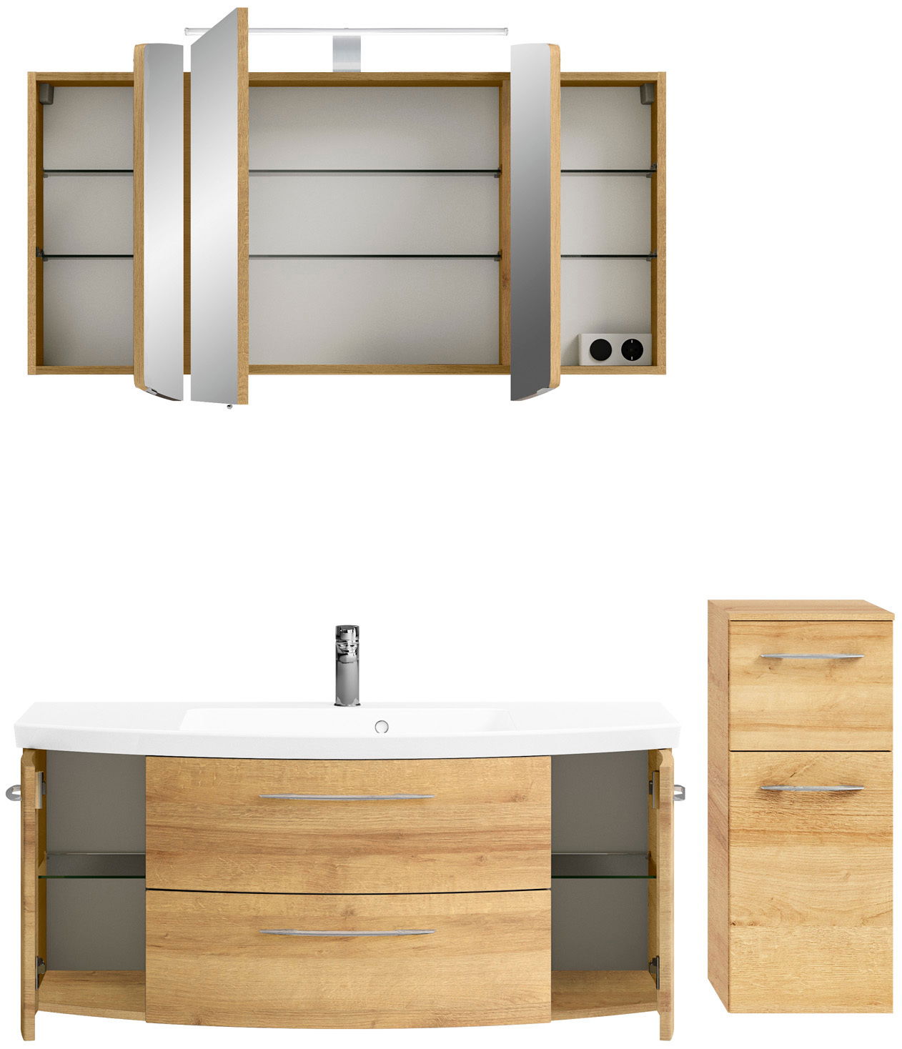 Badezimmermöbel-Set in Holzoptik mit Spiegelschrank, Waschbeckenunterschrank und Hochschrank, frontale Ansicht