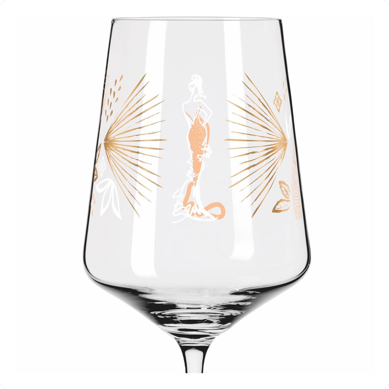 Close-up van een wijnglas met een zomers, goudkleurig ontwerp en bloemmotieven.