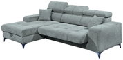 Graues Ecksofa mit verstellbaren Kopfstützen und zwei Kissen, Perspektive von vorne links