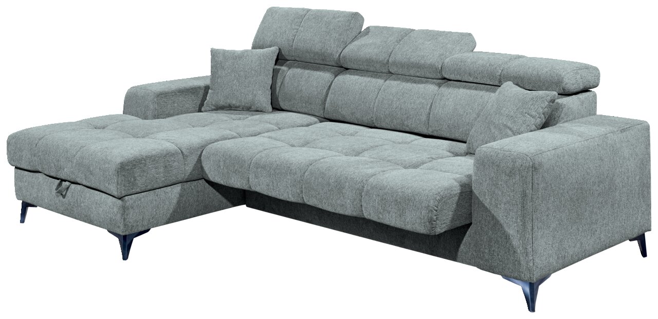 Graues Ecksofa mit verstellbaren Kopfstützen und zwei Kissen, Perspektive von vorne links