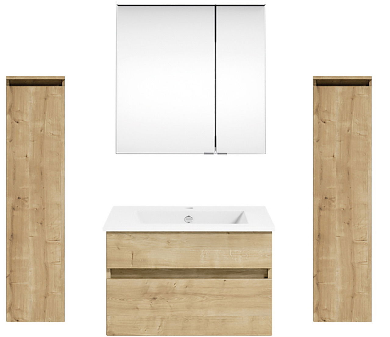 Puris Badkombination GET2YOU 21 Frontale Ansicht einer Badkombination mit zwei hohen Holzschränken, einem Waschbeckenunterschrank und einem Spiegelschrank.