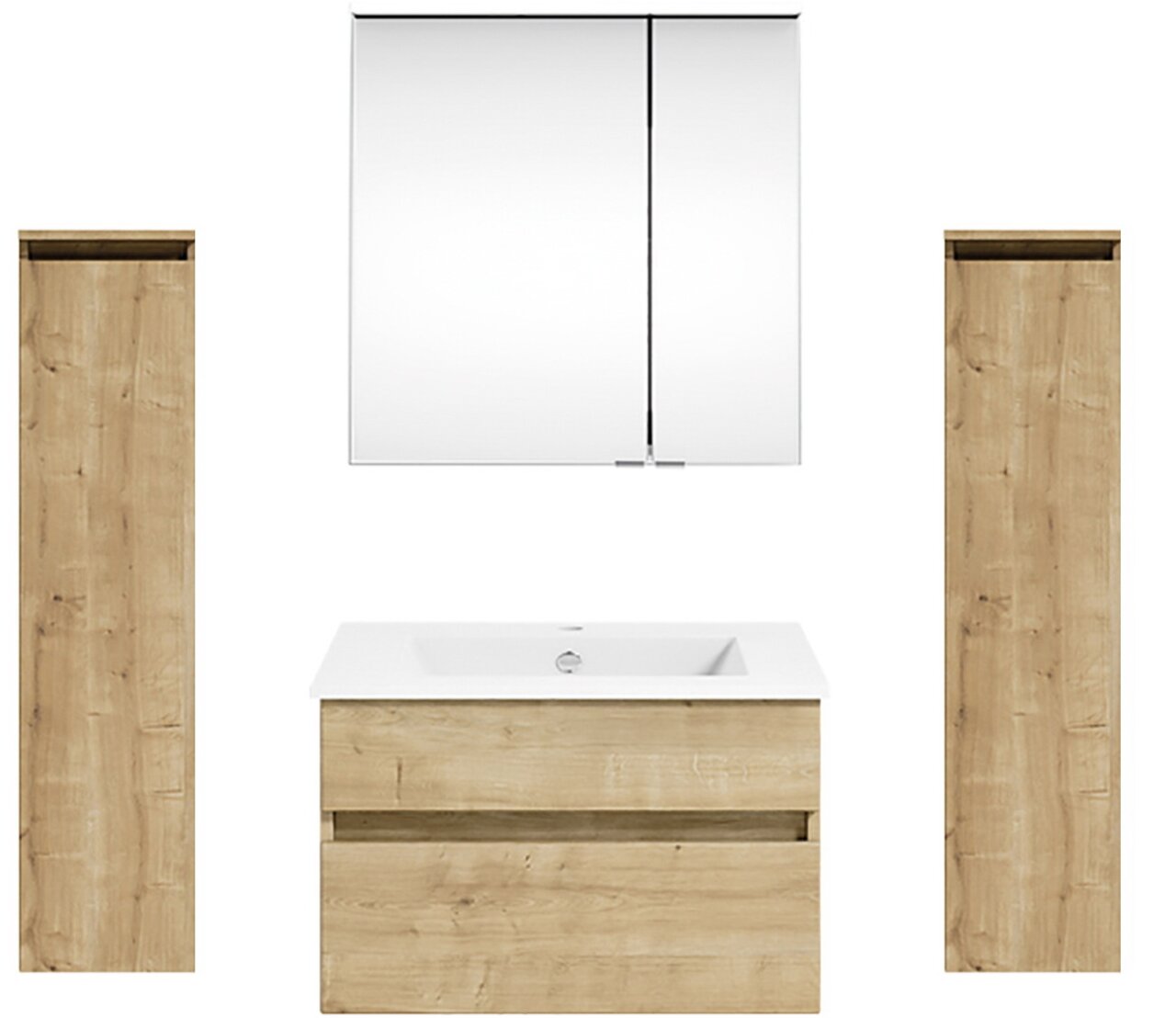 Puris Badkombination GET2YOU 21 Frontale Ansicht einer Badkombination mit zwei hohen Holzschränken, einem Waschbeckenunterschrank und einem Spiegelschrank.