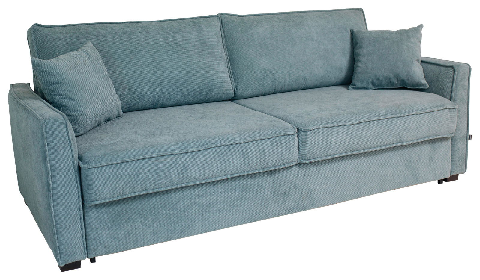 Blaues Funktionssofa mit zwei Kissen, seitliche Perspektive