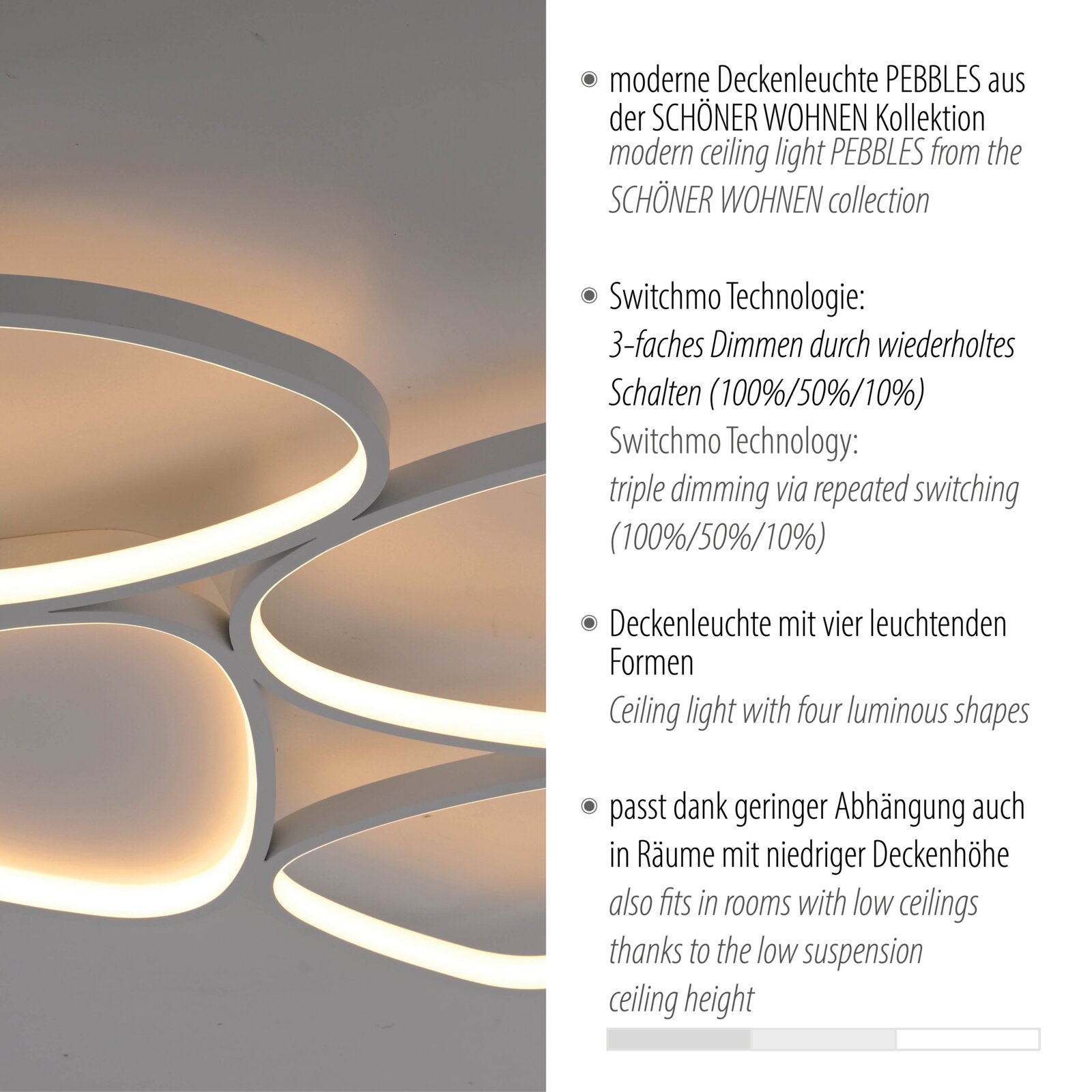 Moderne LED-Deckenleuchte „PEBBLES“ mit vier leuchtenden, geschwungenen Formen in Weiß, warmweiß leuchtend, in leichter Untersicht/Schrägansicht von unten fotografiert.