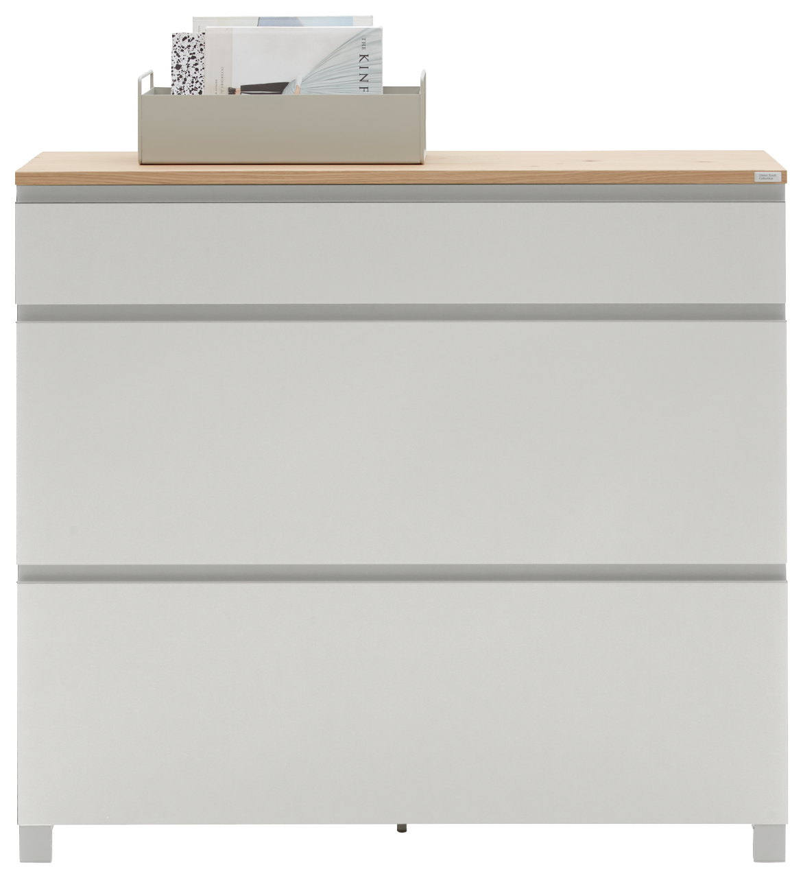 Dieter Knoll Garderoben-Set 3-tlg. SORRENT Frontansicht eines modernen, grauen Schranks mit Holzoberfläche und einem Ablagefach oben.