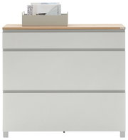 Frontansicht eines modernen, grauen Schranks mit Holzoberfläche und einem Ablagefach oben.