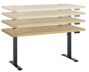 Höhenverstellbarer E-Schreibtisch aus Holz mit schwarzem Metallgestell, seitliche Perspektive