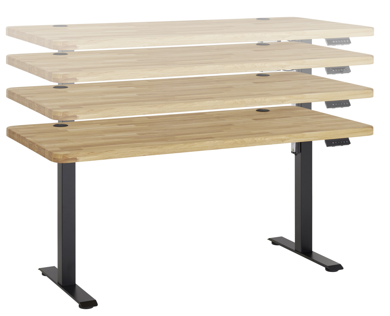 Höhenverstellbarer E-Schreibtisch aus Holz mit schwarzem Metallgestell, seitliche Perspektive