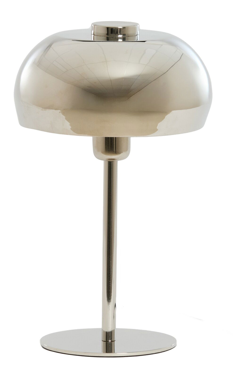 Elegante Tischleuchte aus poliertem Metall in Frontalansicht