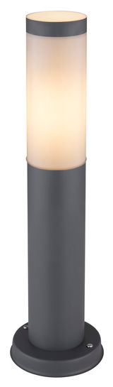 Zylindrische Außenleuchte BOSTON in dunklem Metall mit mattem, leuchtendem Glas, frontal betrachtet.