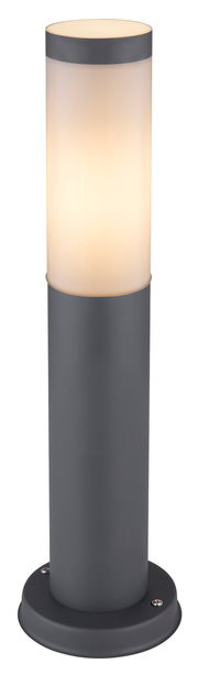 Zylindrische Außenleuchte BOSTON in dunklem Metall mit mattem, leuchtendem Glas, frontal betrachtet.