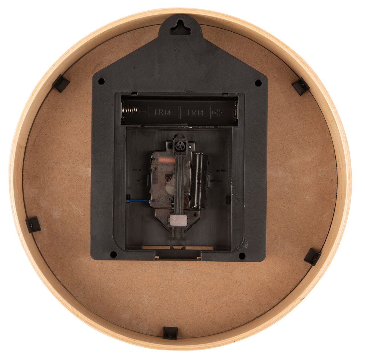 Rückansicht einer Wanduhr mit Batteriefach und Aufhängung.