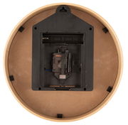 Rückansicht einer Wanduhr mit Batteriefach und Aufhängung.