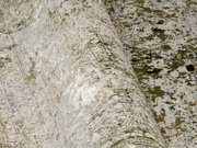 Designer Teppich in Nahaufnahme, mit einem modernen, abstrakten Muster in Grün- und Grautönen. Der Teppich ist teilweise aufgerollt, was die Textur und das Design aus einer seitlichen Perspektive zeigt.