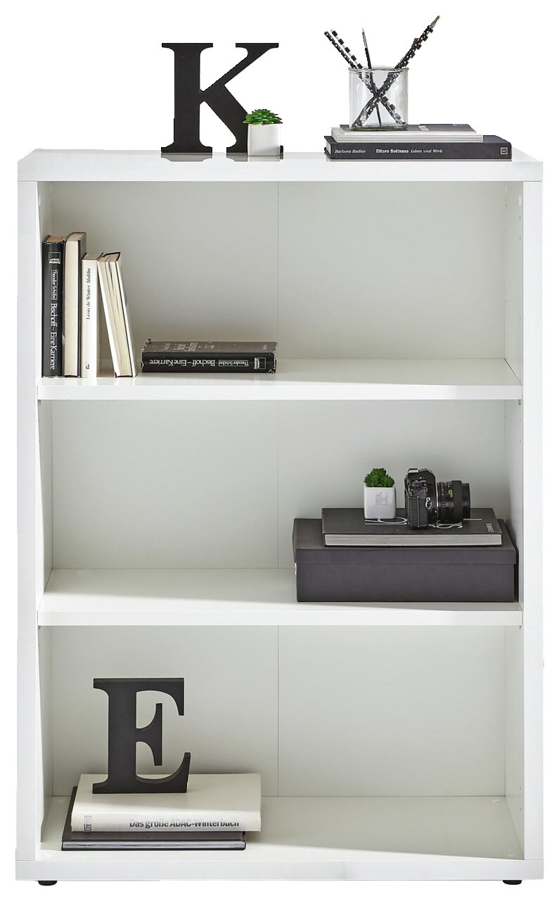 XORA Plank DIVINO Weißes Regal mit drei Ebenen, dekoriert mit Büchern, Pflanzen und Dekobuchstaben, frontale Ansicht.