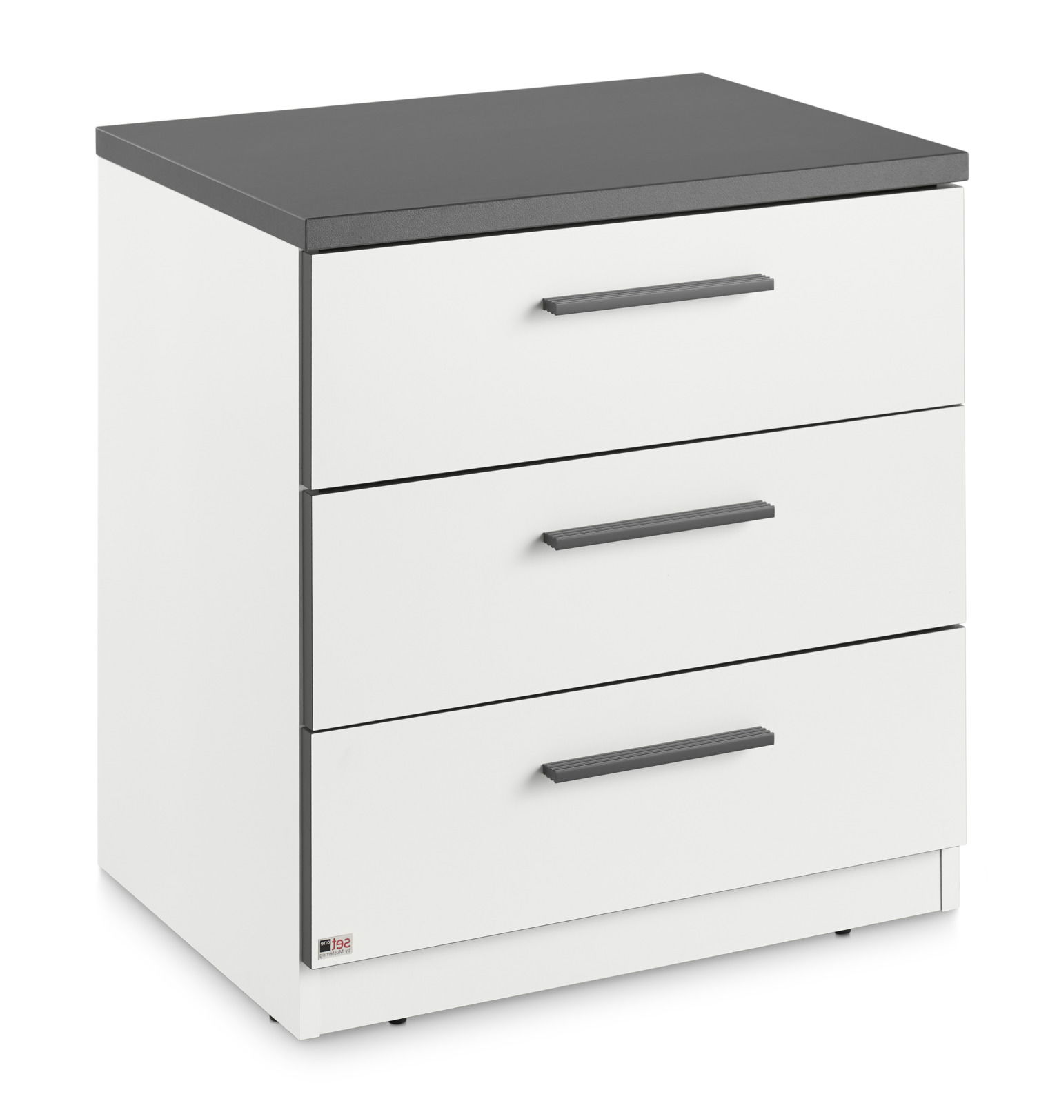 Moderne Nachtkommode mit drei Schubladen, weiße Fronten und dunkle Oberseite, seitliche Perspektive