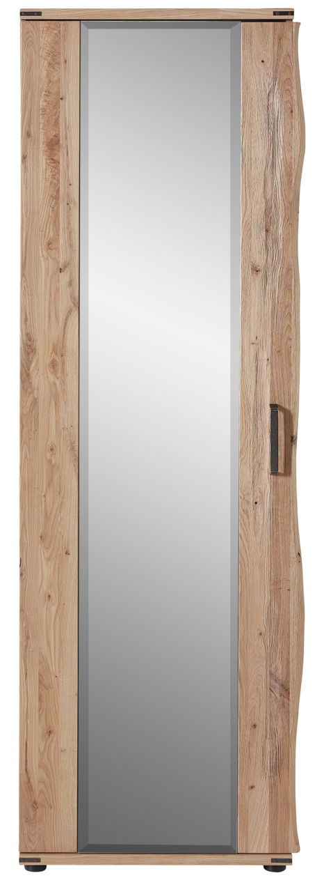 Frontansicht eines Garderobenschranks mit Holzoptik und großer Spiegeltür.