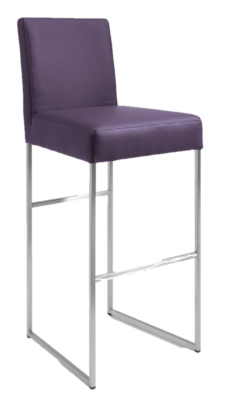 Moderner Tresenhocker mit lila Polsterung und Metallgestell, seitliche Perspektive