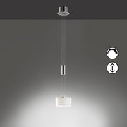 Moderne Pendelleuchte mit rundem, weißem Glasschirm und verchromter Aufhängung, frontale Ansicht von unten vor grauem Hintergrund