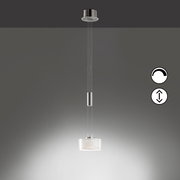 Moderne hanglamp met een ronde, witte glazen kap en een verchroomde ophanging, vooraanzicht van onderaf tegen een grijze achtergrond