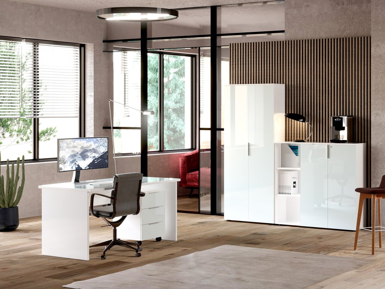 Stylife Aktenschrank niedrig mit Regal PADUA OFFICE PADUA OFFICE Modernes Büro mit weißem Schreibtisch und Rollcontainer im Vordergrund, Aktenschränken im Hintergrund, seitliche Perspektive.