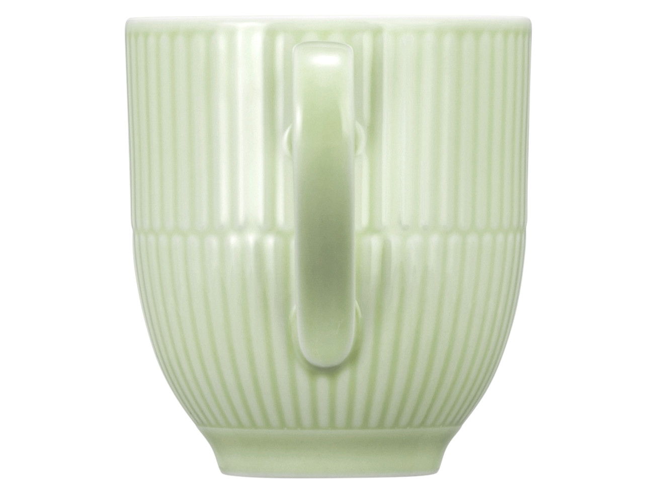 Hellgrüner Becher mit Henkel, seitliche Perspektive, geriffelte Oberfläche, 0,35 l Volumen
