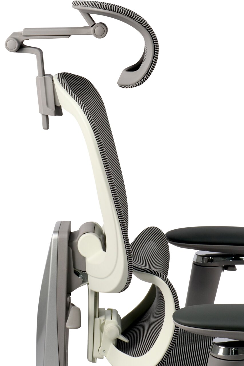 Seitenansicht eines modernen Drehstuhls mit ergonomischer Rückenlehne und Kopfstütze in Grau und Weiß.