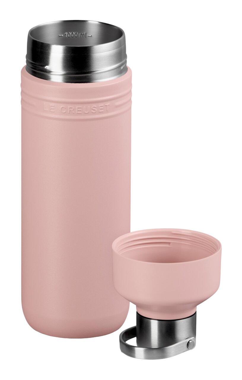 LE CREUSET Trinkflasche Shell Pink 1L ON THE GO Trinkflasche 1L in Shell Pink, Vorderansicht mit abgenommenem Deckel
