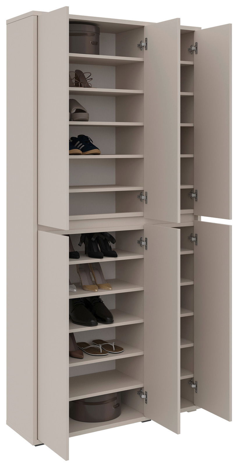 XXL-Schuh- und Mehrzweckschrank mit offenen Türen, gefüllt mit verschiedenen Schuhen und Accessoires, seitliche Perspektive
