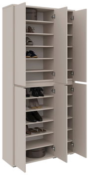 XXL-Schuh- und Mehrzweckschrank mit offenen Türen, gefüllt mit verschiedenen Schuhen und Accessoires, seitliche Perspektive