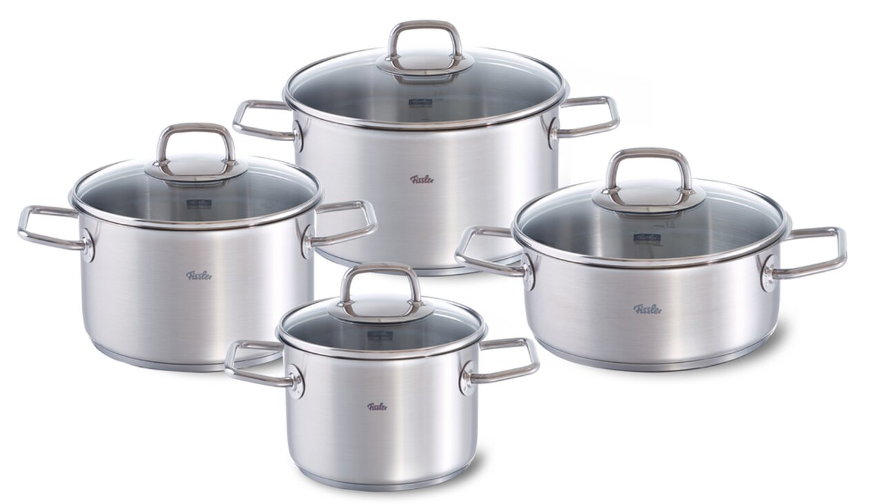 Fissler Topfset 4-tlg. VISEO Vier-teiliges Topfset Viseo aus Edelstahl mit Glasdeckeln, seitliche Perspektive