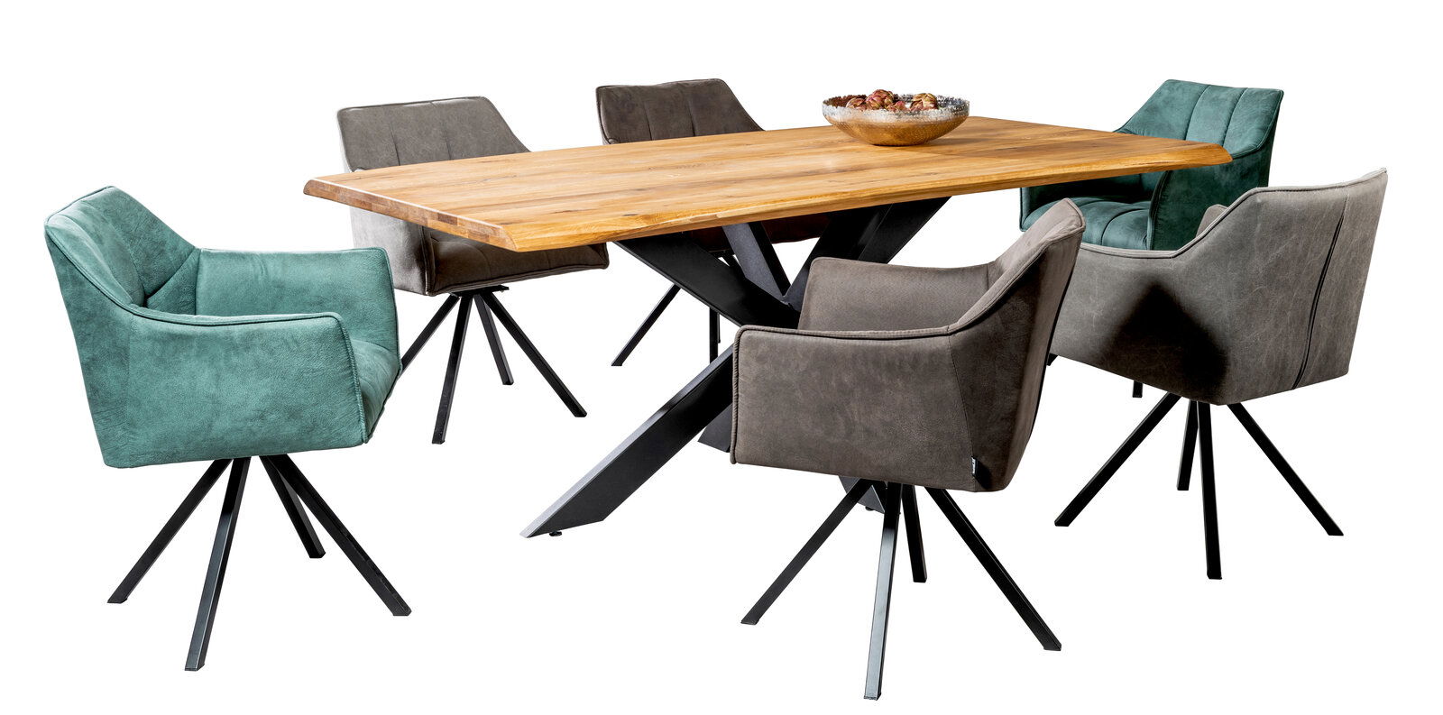 Moderner Esstisch mit Holzplatte und schwarzen Metallbeinen, umgeben von sechs gepolsterten Stühlen in Grau und Grün, aus seitlicher Perspektive.