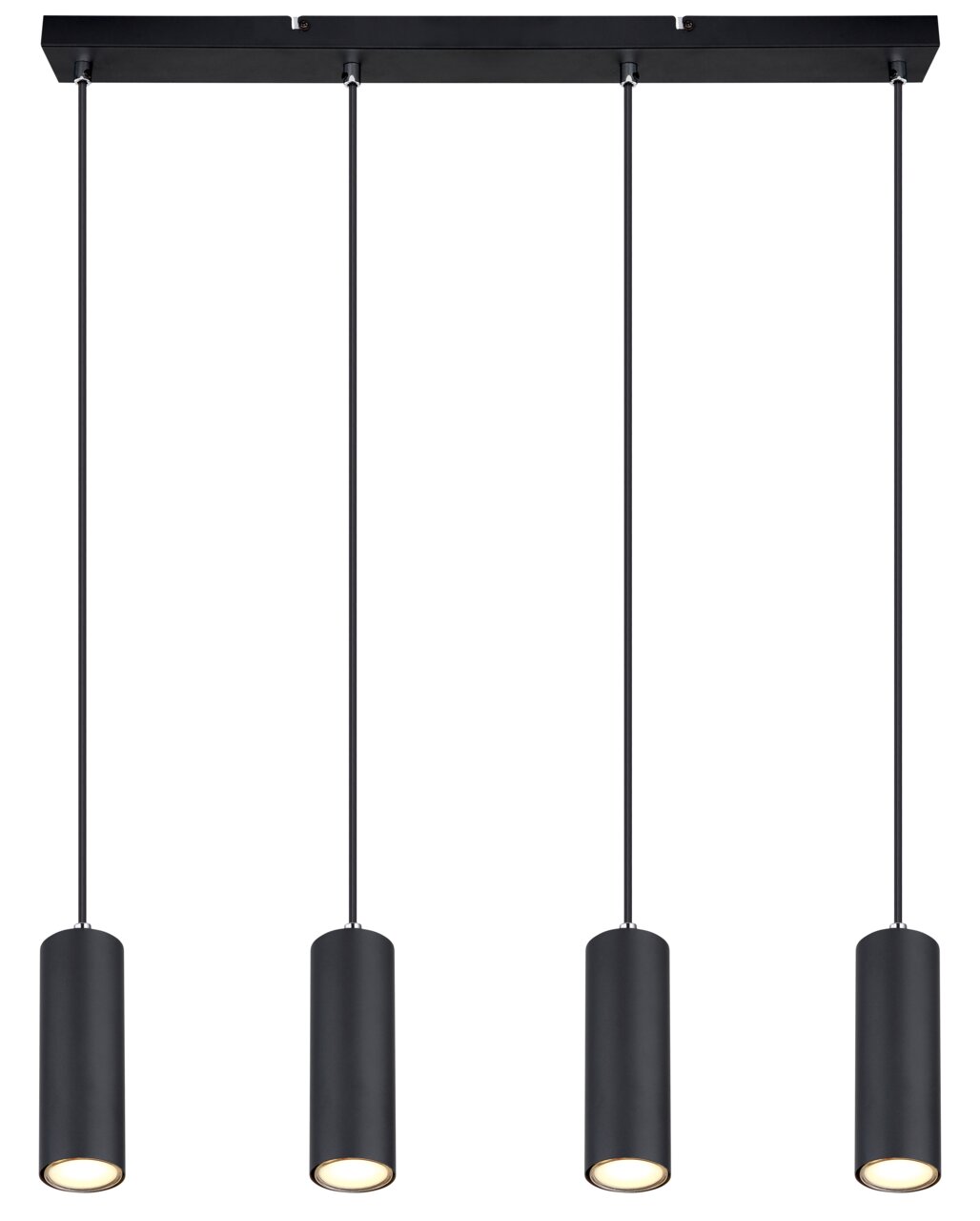 Moderne schwarze Hängeleuchte mit vier zylindrischen Lampenschirmen, von unten betrachtet.