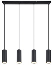 Moderne schwarze Hängeleuchte mit vier zylindrischen Lampenschirmen, von unten betrachtet.