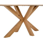 Nahaufnahme eines Esstisches mit markantem Holzgestell in X-Form, seitliche Perspektive