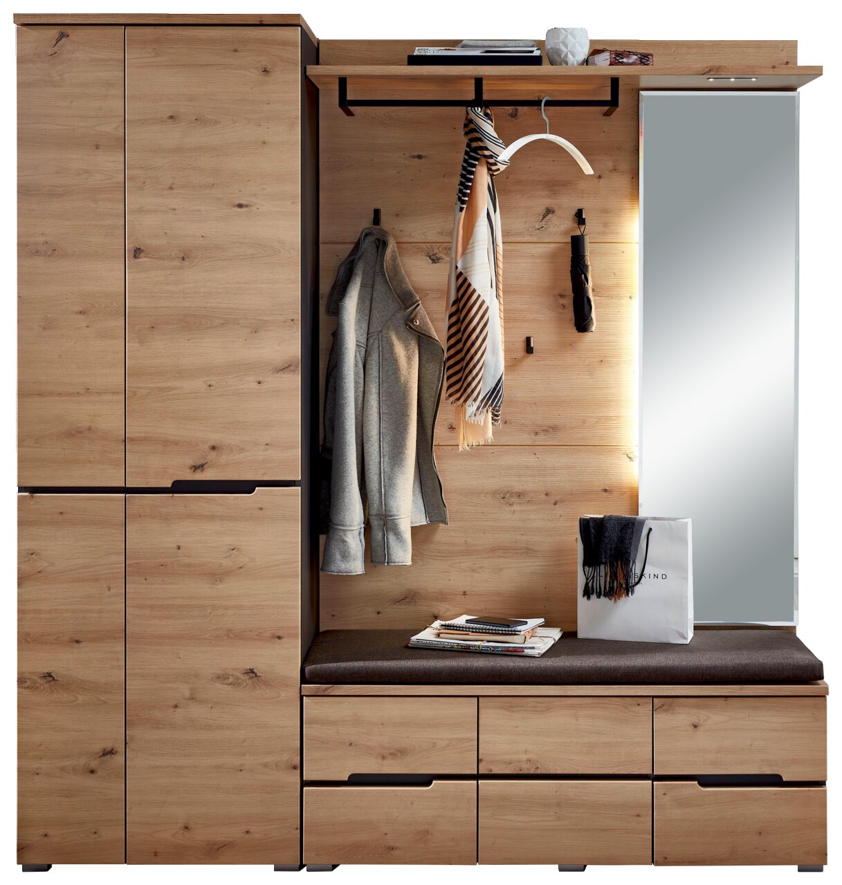 Voleo Garderoben-Set DETROIT Garderoben-Set aus Holz mit Schrank, Sitzbank, Spiegel und Haken, frontal betrachtet