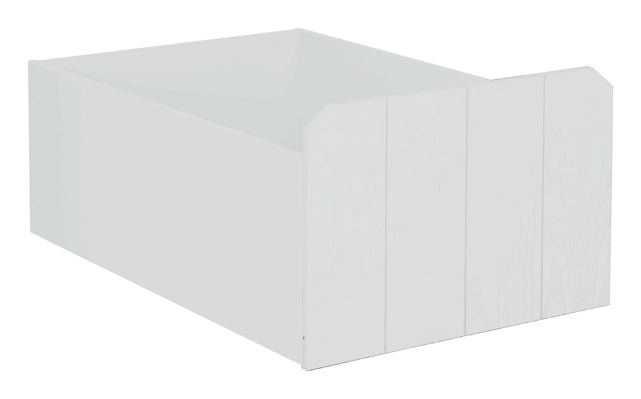 Weißer Schubkasten aus Holz, perspektivisch von vorne rechts gesehen